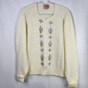 Vintage Folk Floral Embroidery Cable Knit Cardigan Medium Cottagecore Heirloom